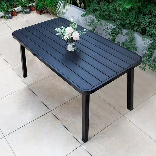 150cm Outdoor Table Large Metal Frame Rectangular Patio Table Family Outdoor Dining Table Wood-plastic Waterproof Tabletop